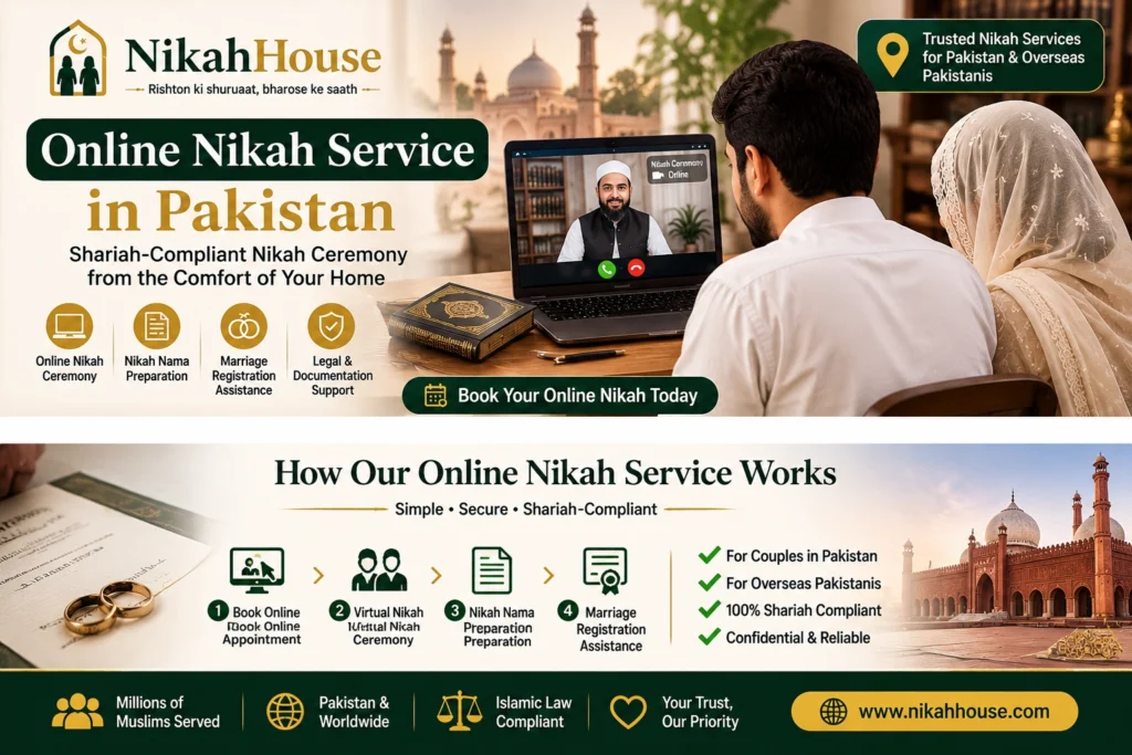 Online Nikah for overseas Pakistanis with Nikah Nama preparation and marriage registration support